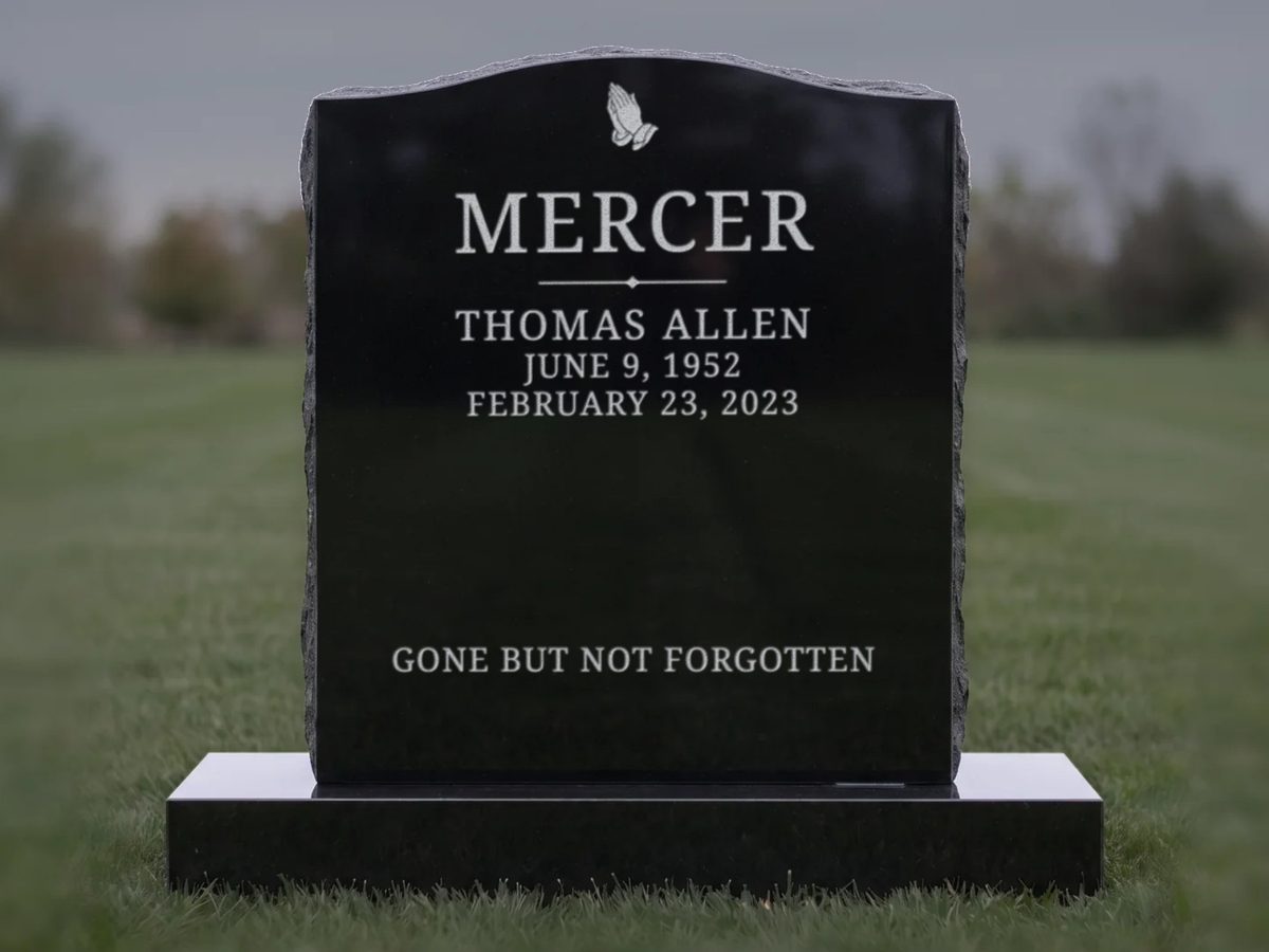 Black granite headstone design with pale frosted letters: Mercer, Thomas Allen, and Gone but not forgotten