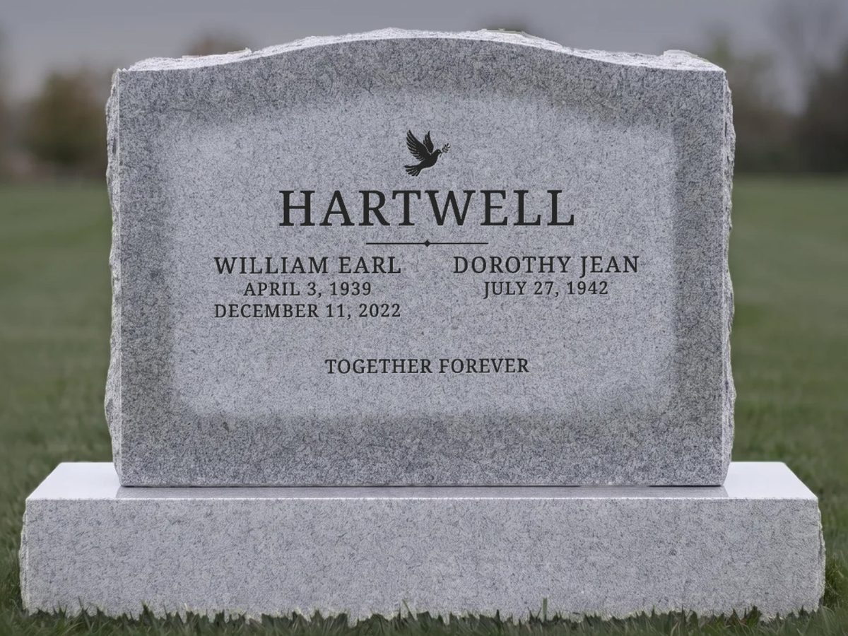 Companion headstone design for two people, about 36 inches wide, the Hartwell family name across the top