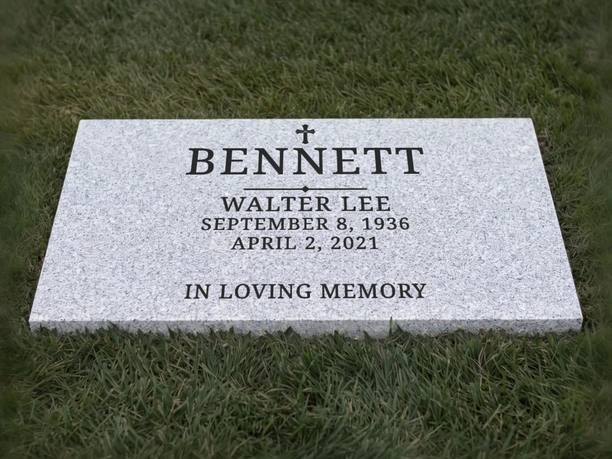 Flat grave marker headstone design for Walter Lee Bennett, set level with the lawn