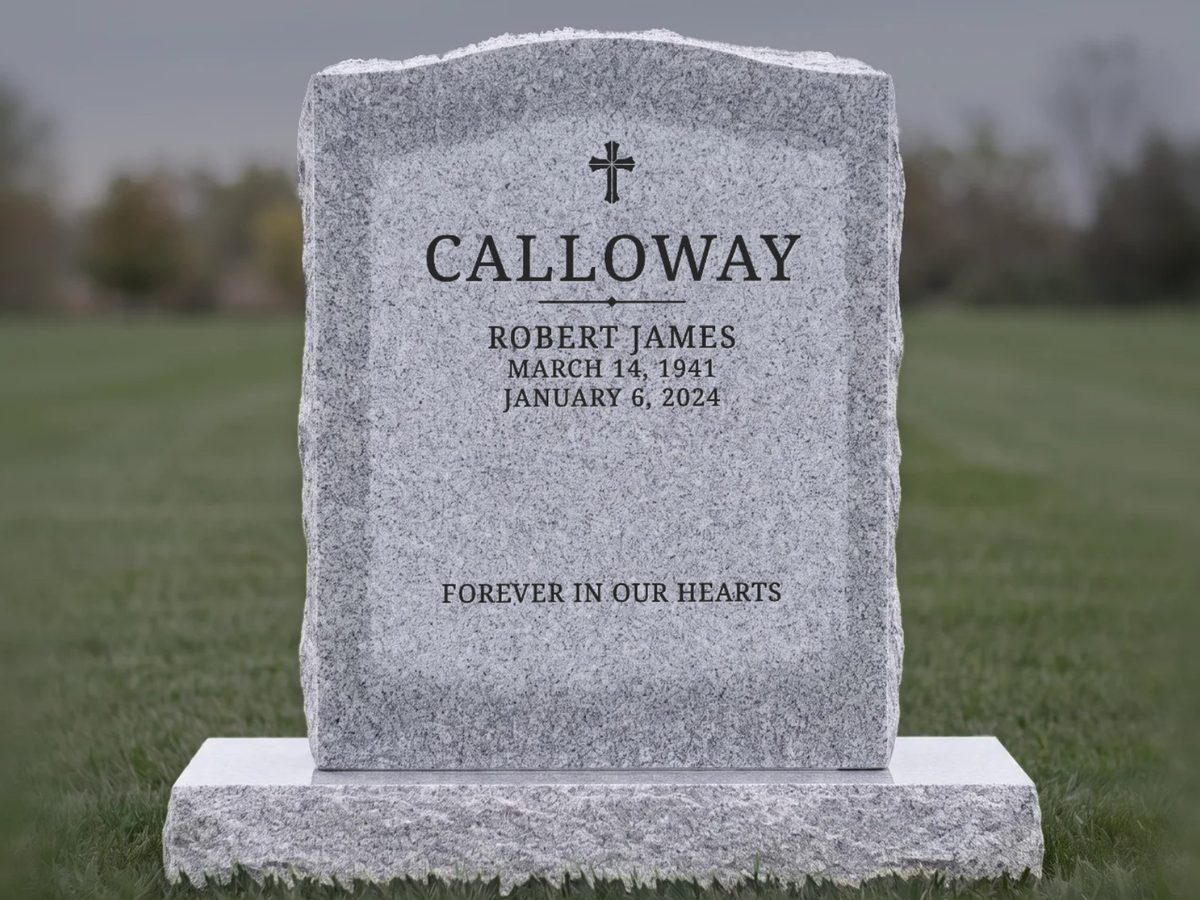 Grey upright headstone design lettered online: the Calloway family name, first names, dates, a cross and a line of words