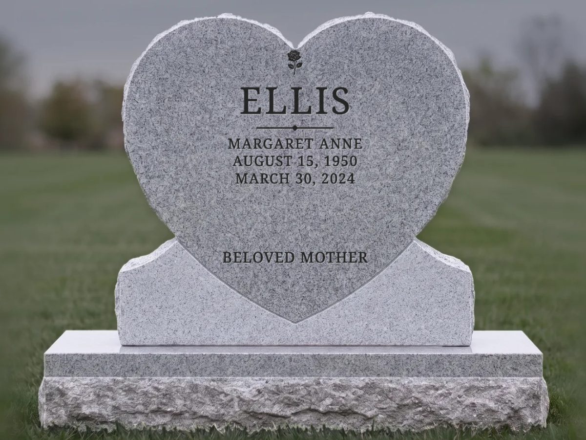 Heart shaped headstone a family designed themselves: the Ellis family name, a rose, and the words Beloved mother