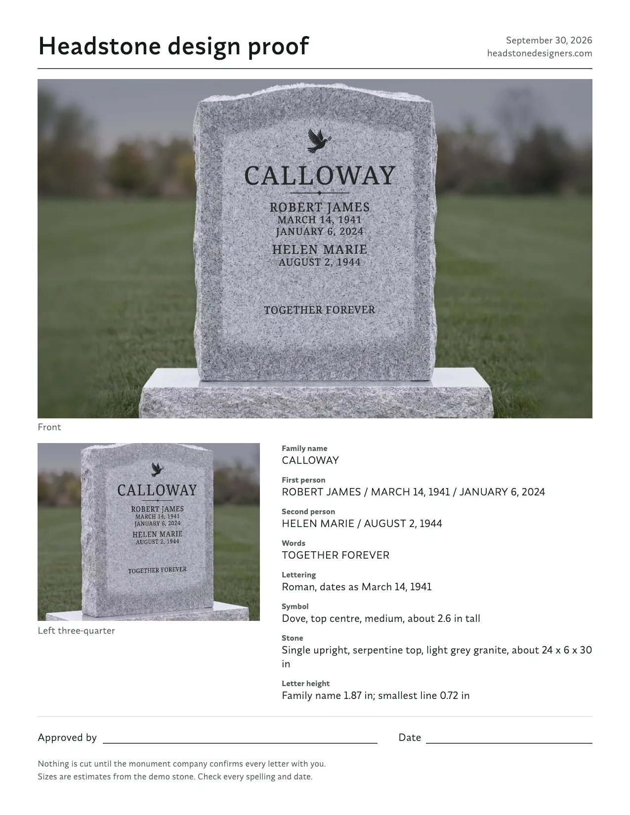 A headstone design proof sheet: the lettered grey stone from the front and at an angle, the inscription as text, the letter heights and a line to sign